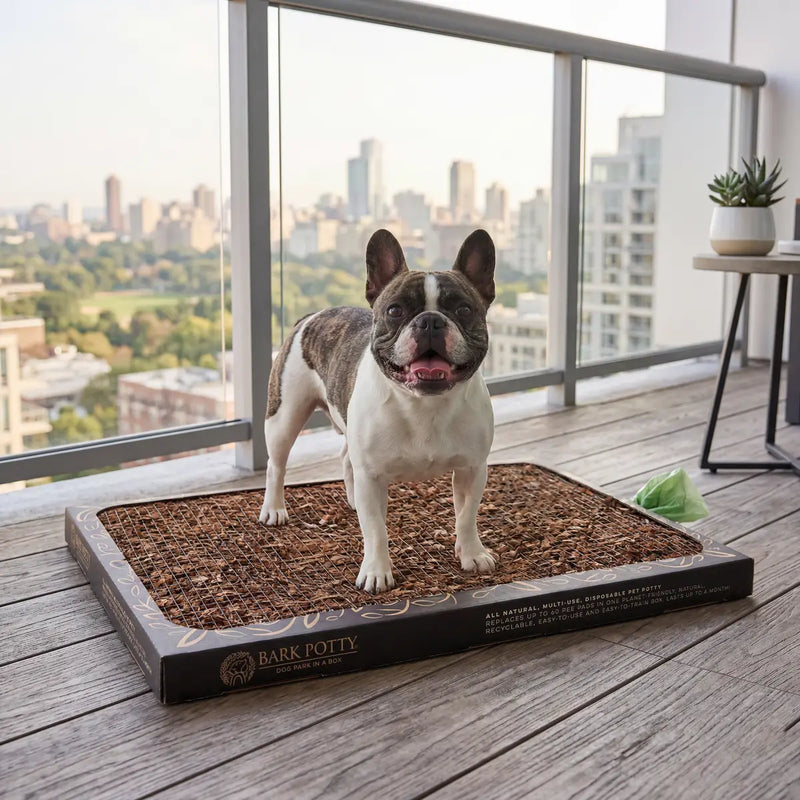 A French bulldog standing on a Bark Potty bark potty pad on a high-rise balcony with a city skyline behind.
