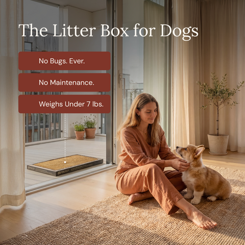 Natural fiber puppy potty tray corner detail on marble, no-maintenance feature text overlay.