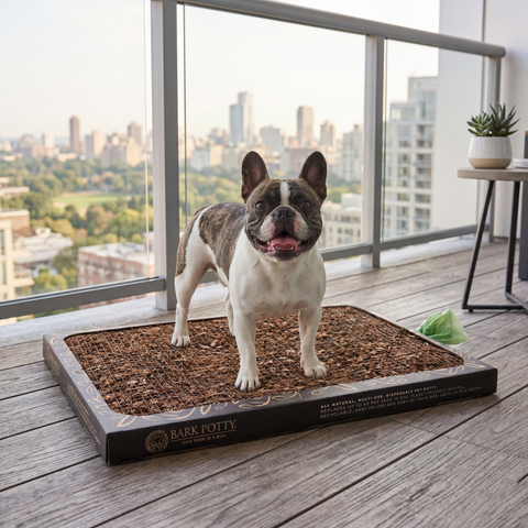 A French bulldog standing on a Bark Potty bark potty pad on a high-rise balcony with a city skyline behind.